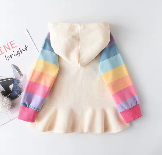 Rainbow Magic Hoodie Dress – Toddler & Girl’s Ruffle Hem Pullover with Colorful Sleeves