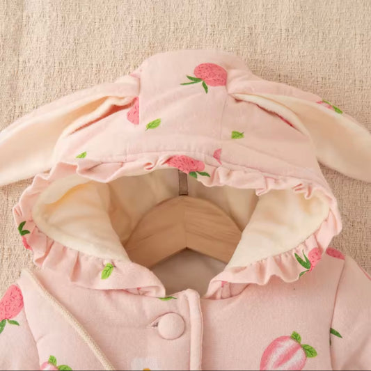 Pink Strawberry Bunny-Ear Winter Coat with Matching Purse | Baby Girl Jacket 9–12 and 12-18 Months