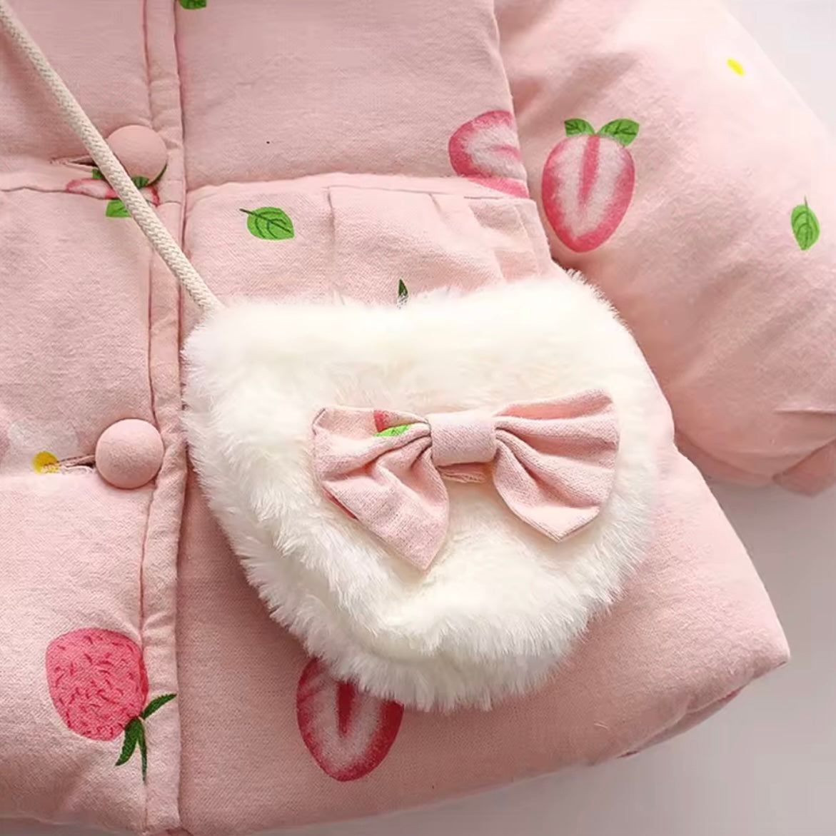 Pink Strawberry Bunny-Ear Winter Coat with Matching Purse | Baby Girl Jacket 9–12 and 12-18 Months