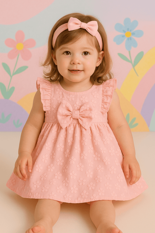 Pink Ruffle Bow Dress – 3D Floral Baby Girl Dress | Infant & Toddler Party Outfit