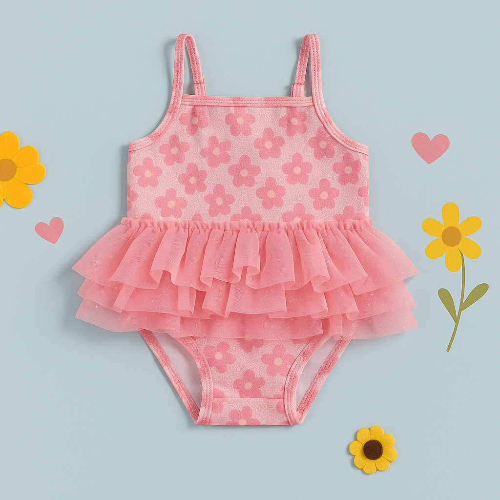 Pink Floral Tutu Swimsuit for Baby Girls
