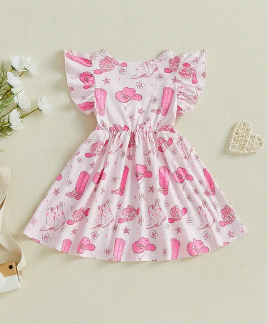 Pink Cowgirl Boots & Hats Dress – Flutter Sleeve Girls Dress