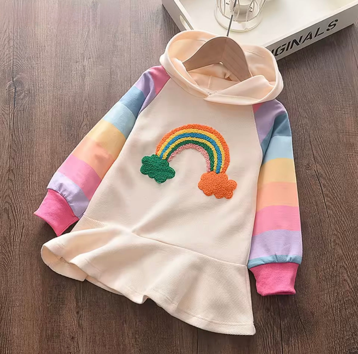 Rainbow Magic Hoodie Dress – Toddler & Girl’s Ruffle Hem Pullover with Colorful Sleeves