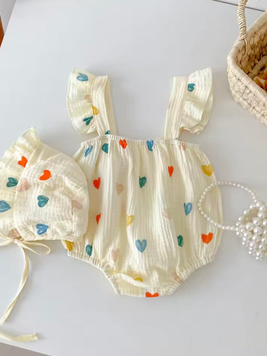 💕 Baby Girl Multi-Color Heart Romper with Matching Bonnet – Size 3–6M