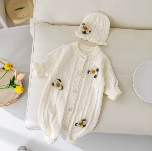 Crochet Flower Knit Baby Romper with Matching Hat – Cream (3–6M)