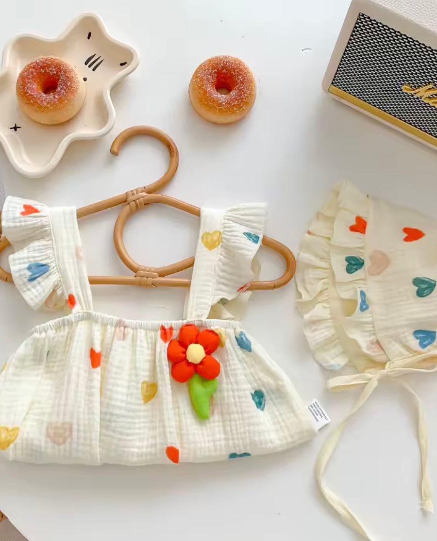 💕 Baby Girl Multi-Color Heart Romper with Matching Bonnet – Size 3–6M