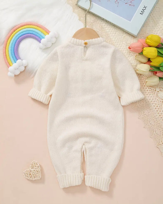 Cream Knit Baby Romper with Pink Floral Embroidery – Size 1–3M