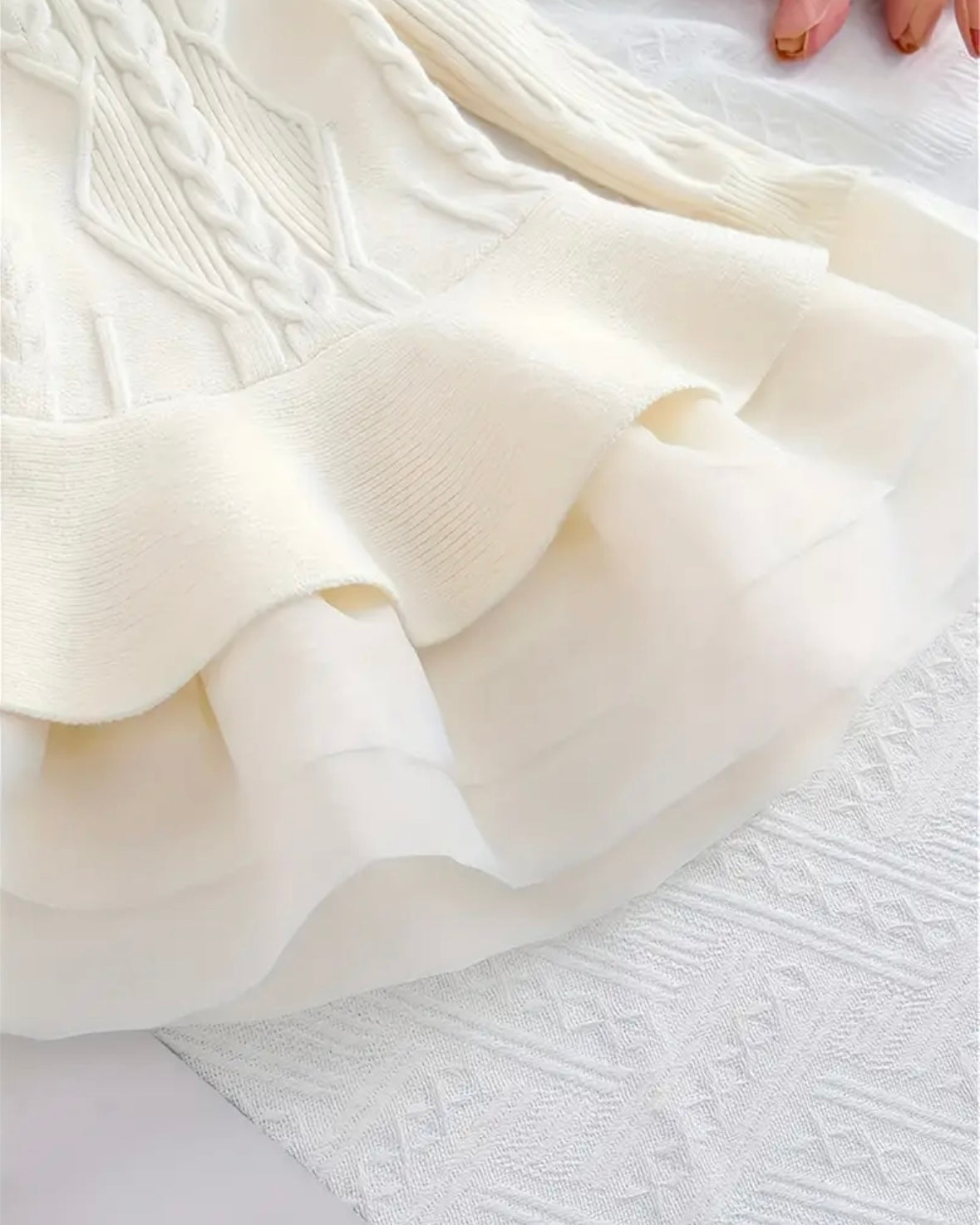 Ivory Knit Tulle Dress – Size 2T | Cable Knit Sweater Dress with Layered Skirt