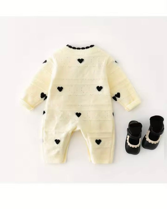 Cream Knit Heart Romper – Size 3–6 Months | Black Button Baby Jumpsuit