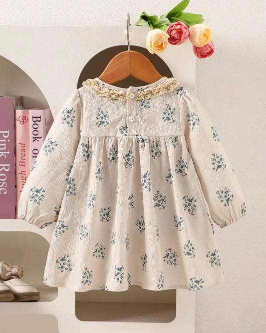 Vintage Floral Long Sleeve Baby Dress – Size 9–12 Months | Cream Cottagecore Dress with Lace Collar