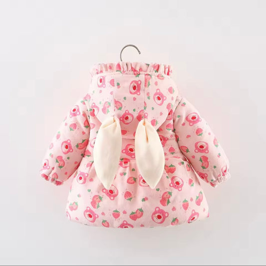 Pink Bunny Hooded Winter Coat with Heart Bag – Size 2-3Y | Warm Padded Toddler Jacket | Adorable Baby Girl Outfit