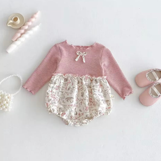 Baby Girl Romper | Long Sleeve Knit Top + Floral Bubble Skirt | Pink Cottagecore Vintage Outfit | Newborn Photo Outfit | 3-6m Perfect Gift