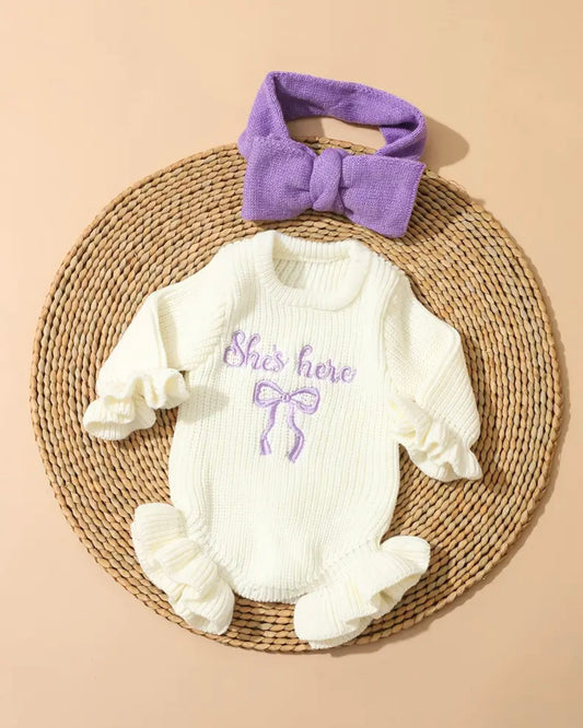 Newborn Coming Home Outfit • “She’s Here” Embroidered Romper & Bow • Baby Girl Hospital Outfit • Newborn Announcement Outfit • Baby Shower Gift
