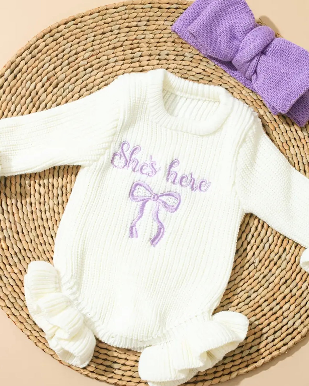 Newborn Coming Home Outfit • “She’s Here” Embroidered Romper & Bow • Baby Girl Hospital Outfit • Newborn Announcement Outfit • Baby Shower Gift