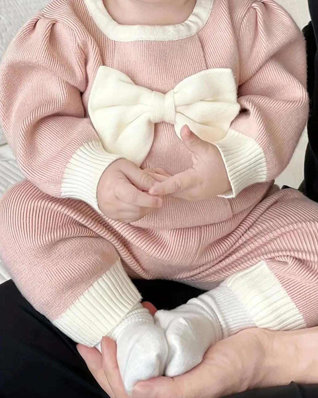 Pink Knit Bow Baby Outfit • 2-Piece Sweater + Pants Set • Soft Cozy Winter Baby Clothes • Photo Outfit • Baby Girl Knit Set 3–6m