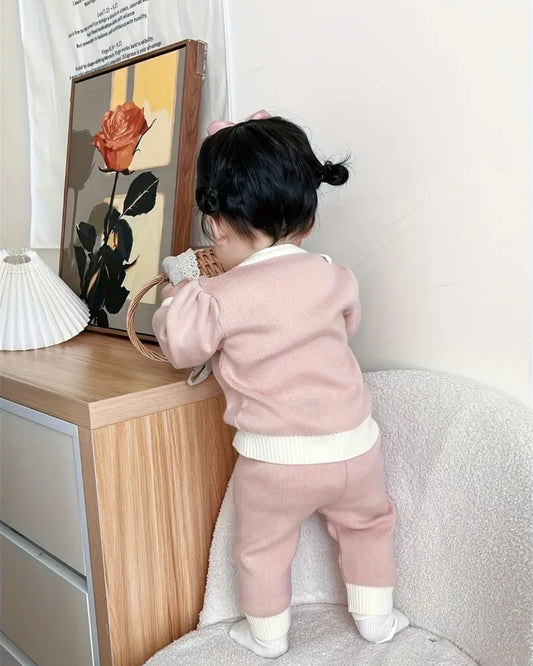 Pink Knit Bow Baby Outfit • 2-Piece Sweater + Pants Set • Soft Cozy Winter Baby Clothes • Photo Outfit • Baby Girl Knit Set 3–6m