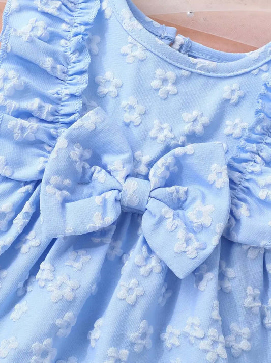 Baby Blue Ruffle Bow Dress – 3D Floral Embroidery | Infant & Toddler Special Occasion Outfit