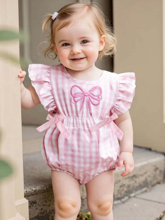 Pink Gingham Baby Girl Romper with Ruffle Sleeves & Bow