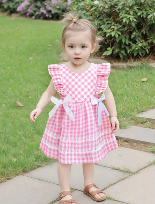 Pink Gingham Ruffle Dress with White Bows – Toddler Girl