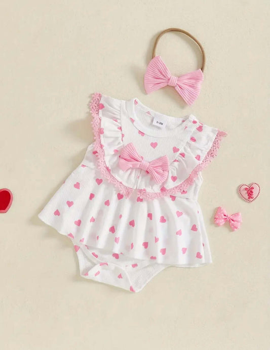 Sweetheart Baby Girl Dress Set – Pink Ruffle Top & Heart Bloomers with Bow Headband