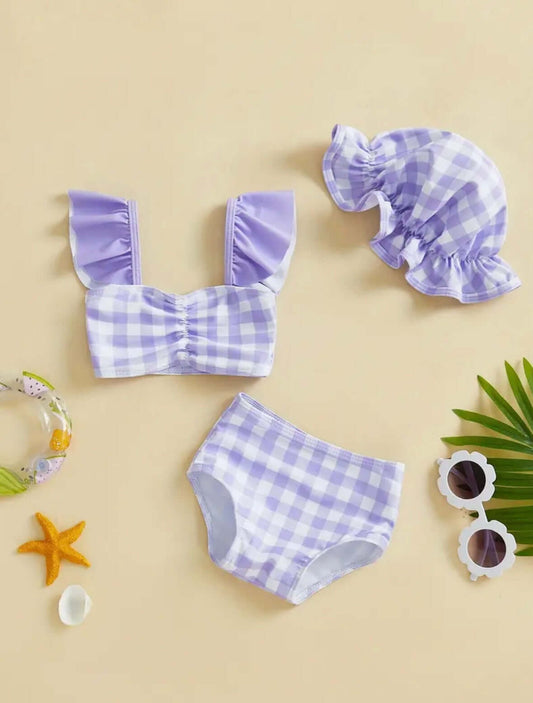 Lavender Gingham Baby Girl Swimsuit Set – 3-Piece with Ruffle Top, High-Waist Bottom & Sun Hat