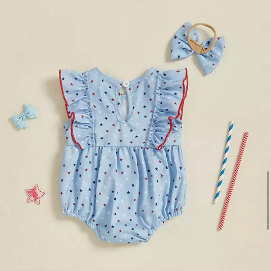 Stars & Stripes Baby Girl Romper – 4th of July Outfit with Matching Headband