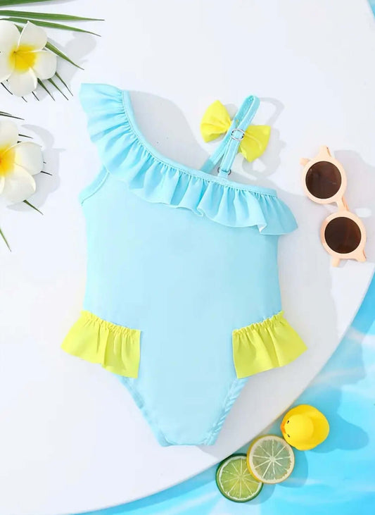 Turquoise Ruffle Baby Swimsuit with Yellow Bows – One-Shoulder Summer Cutie