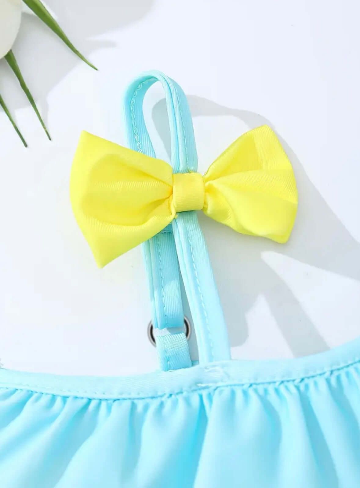 Turquoise Ruffle Baby Swimsuit with Yellow Bows – One-Shoulder Summer Cutie