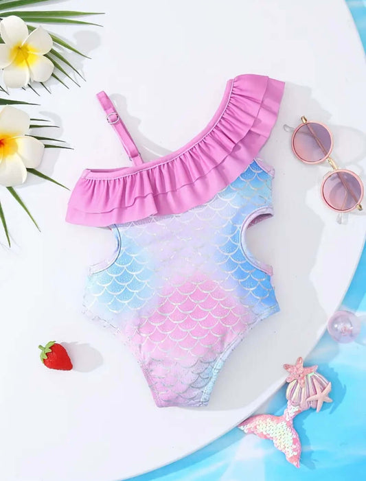 Magical Mermaid One-Shoulder Swimsuit – Pink & Purple Sparkle Scales