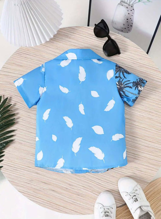Blue Tropical Palm + Feather Button-Up Shirt – Island Vibes for Kids