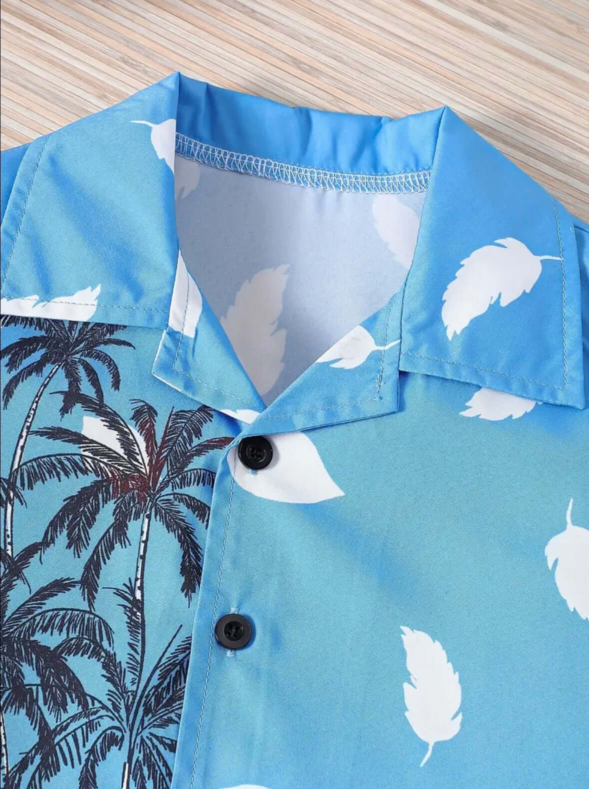 Blue Tropical Palm + Feather Button-Up Shirt – Island Vibes for Kids