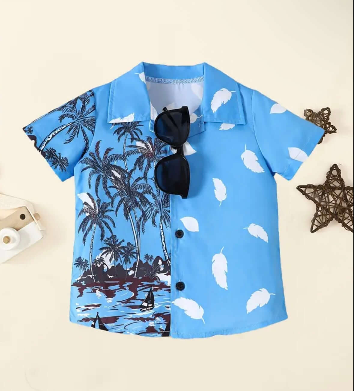 Blue Tropical Palm + Feather Button-Up Shirt – Island Vibes for Kids