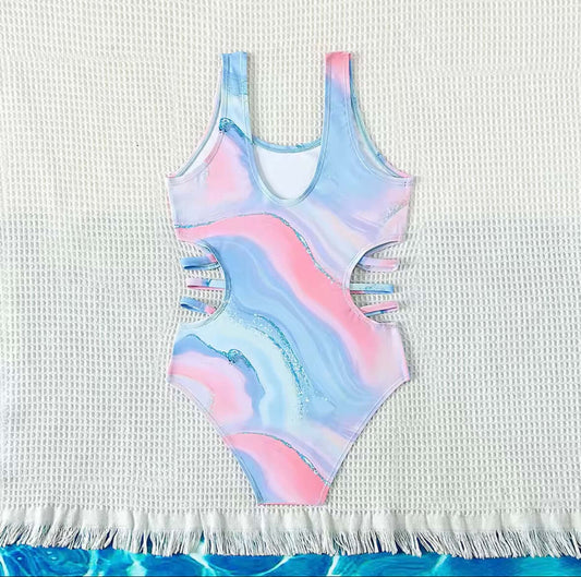 Girls’ Marble Swirl Cutout One-Piece Swimsuit – Pink & Blue