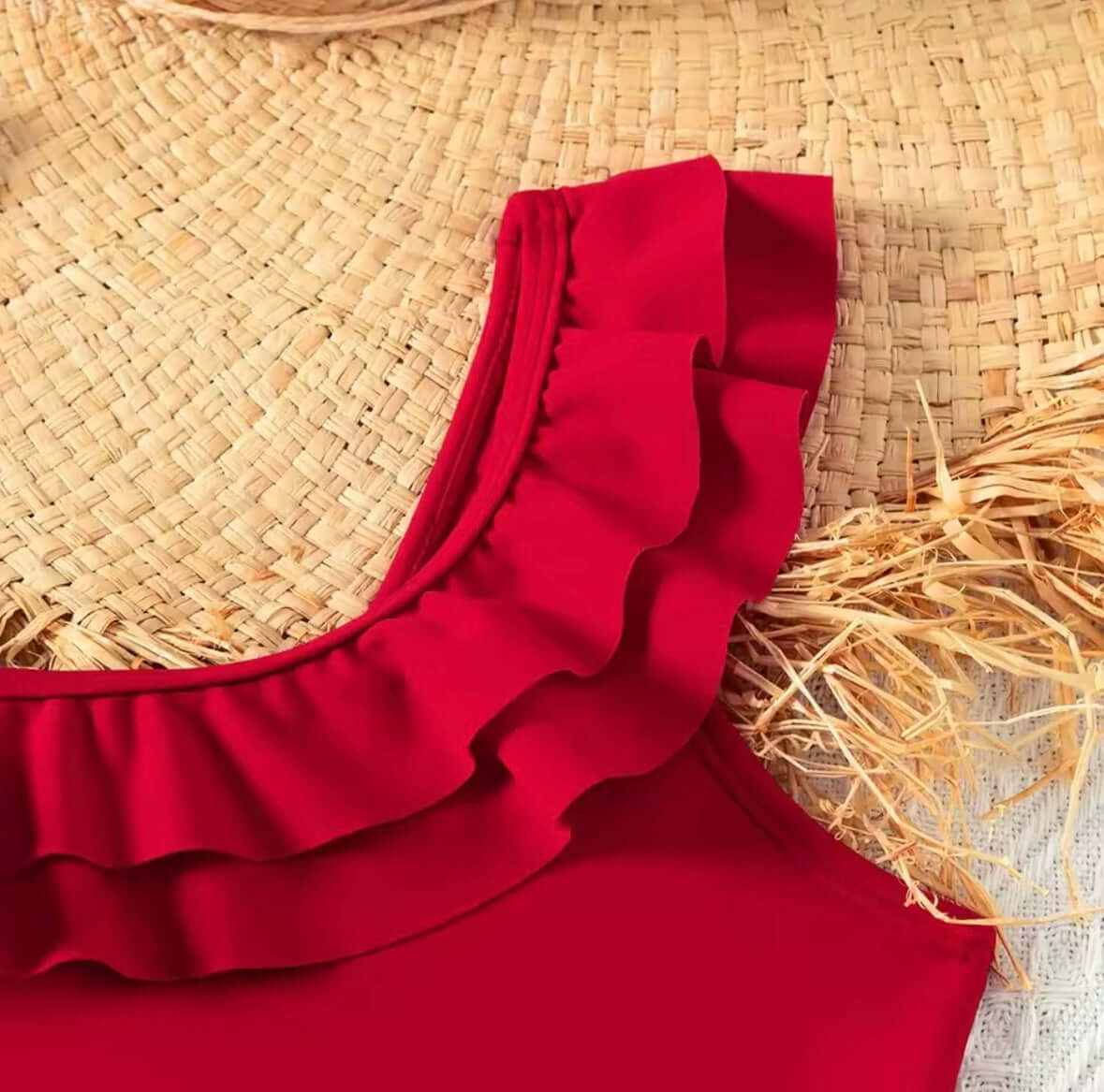 Girls’ One-Shoulder Ruffle Cutout Swimsuit – Cherry Red