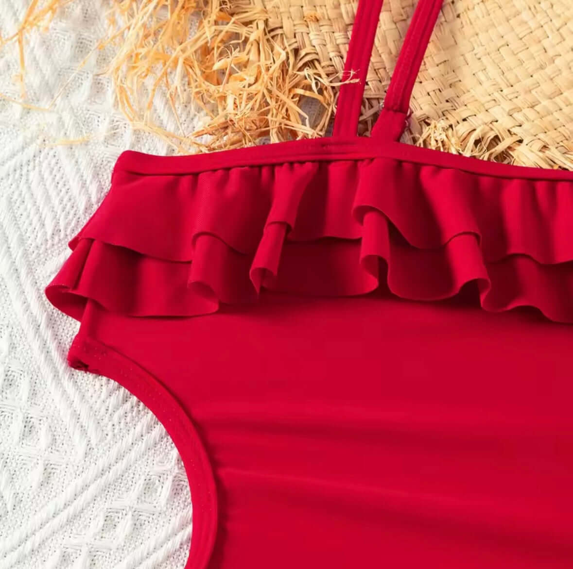Girls’ One-Shoulder Ruffle Cutout Swimsuit – Cherry Red