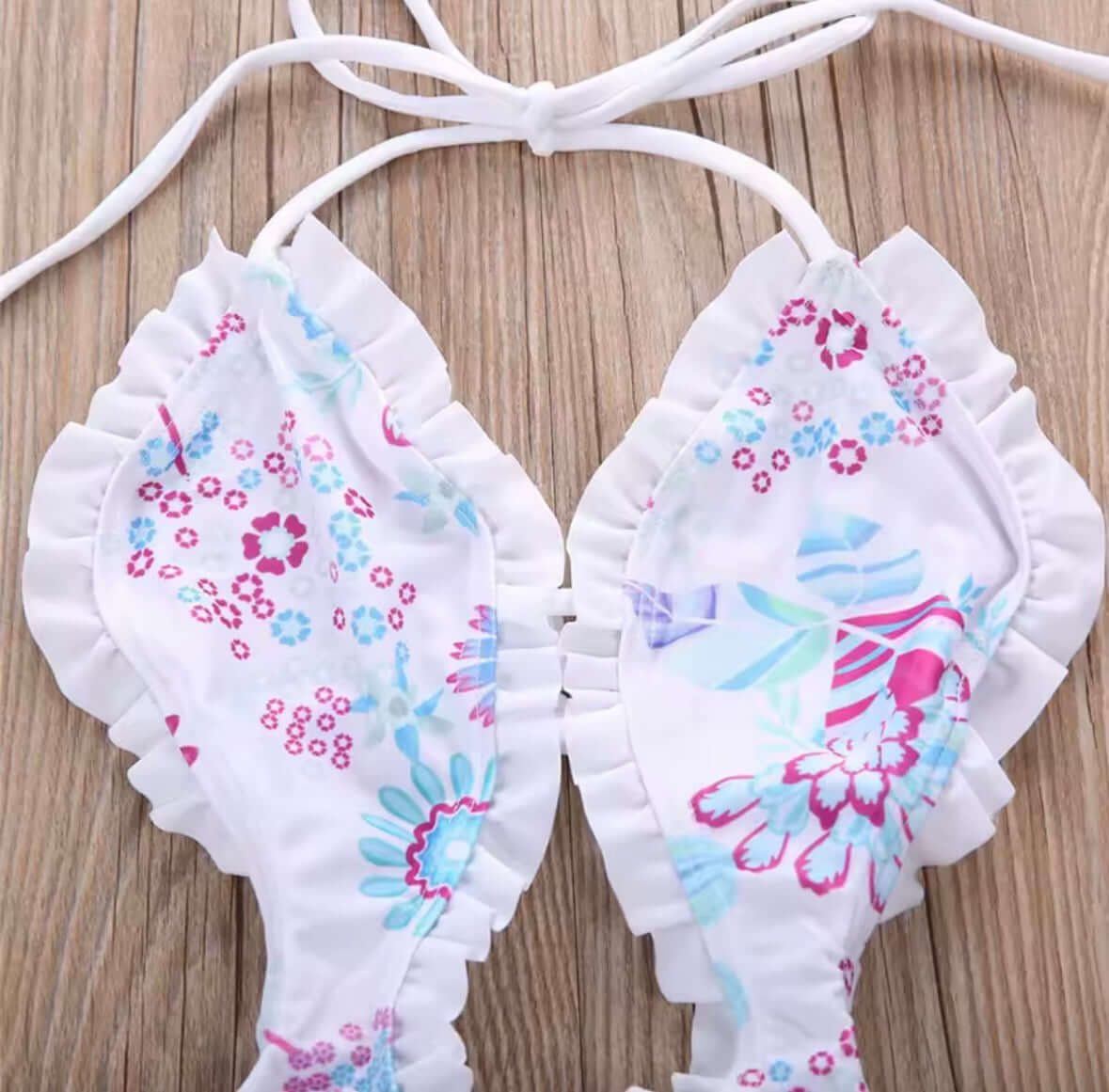 Girls’ Floral One-Piece Swimsuit with Ruffle Trim – Cutout & Halter Neck
