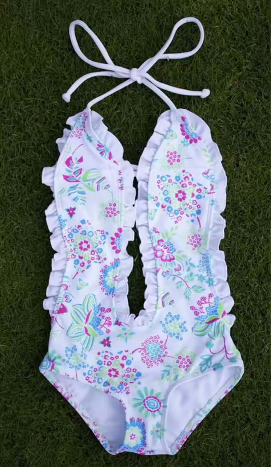 Girls’ Floral One-Piece Swimsuit with Ruffle Trim – Cutout & Halter Neck