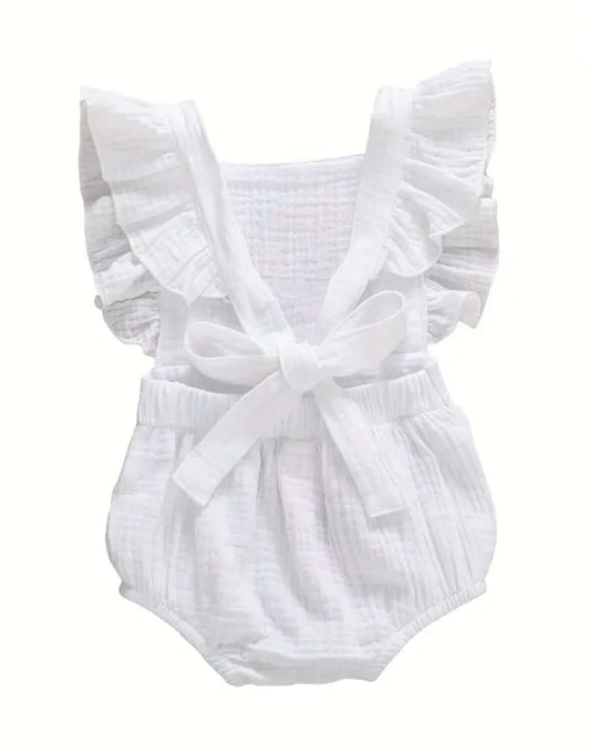 White Ruffle Baby Romper with Floral Embroidery (3-6M)