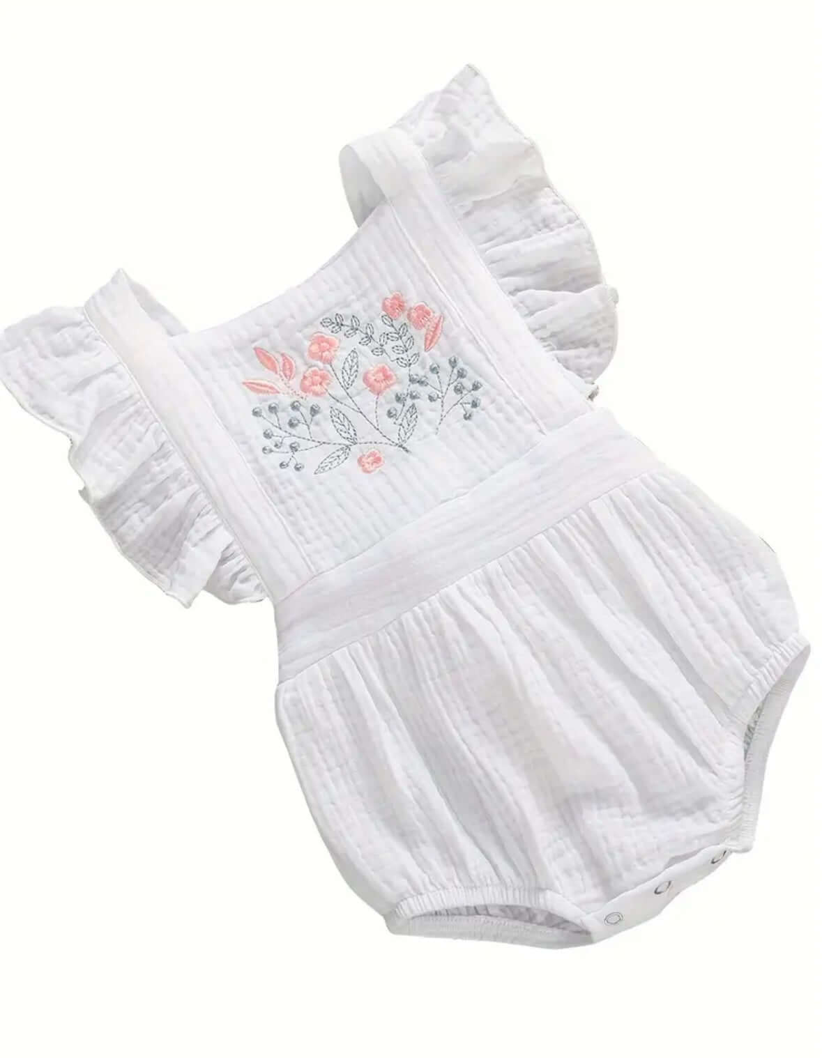 White Ruffle Baby Romper with Floral Embroidery (3-6M)