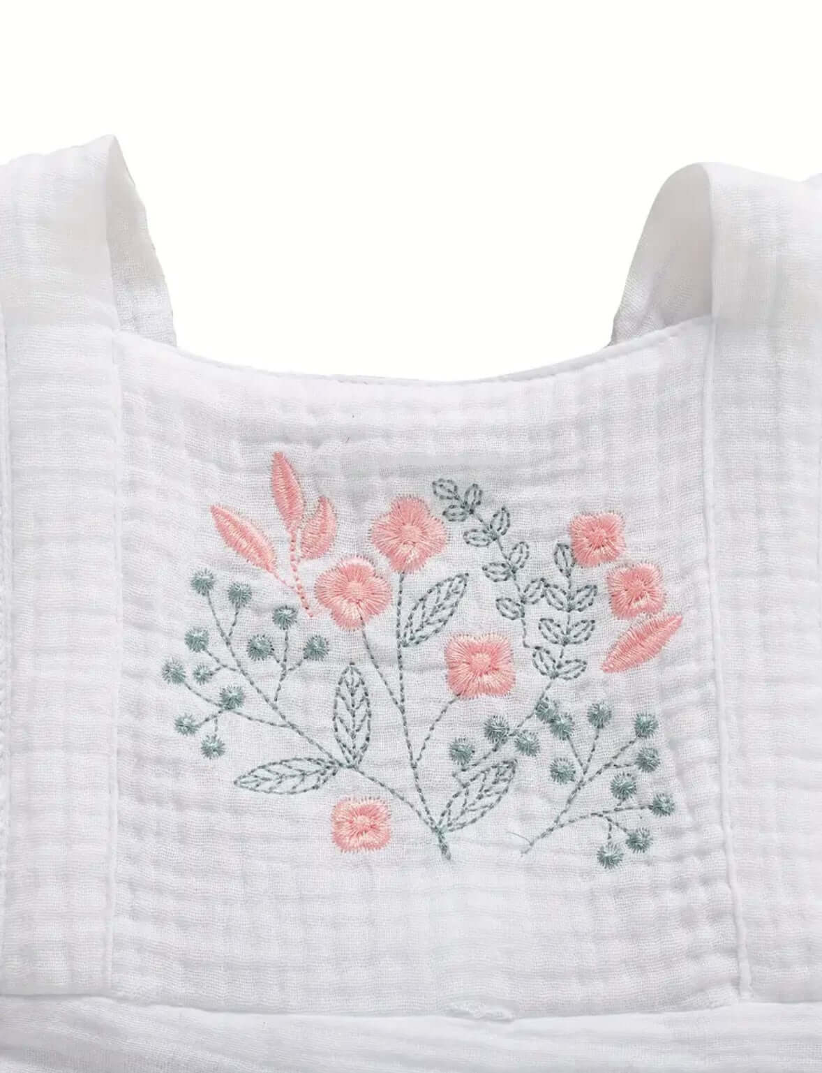White Ruffle Baby Romper with Floral Embroidery (3-6M)