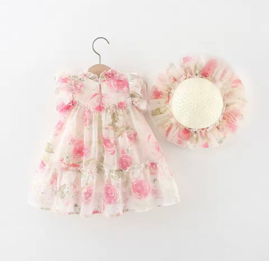Pink Rose Ruffle Baby Dress & Hat Set