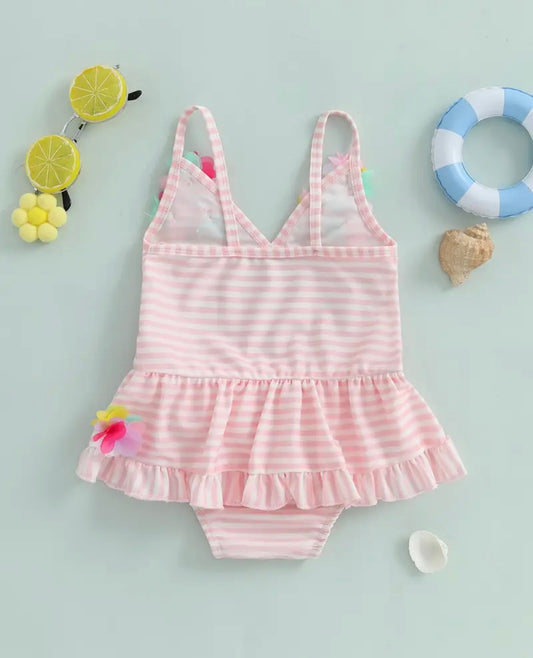 Pink Striped Floral Baby Girl Swimsuit – Ruffle Skirt One-Piece