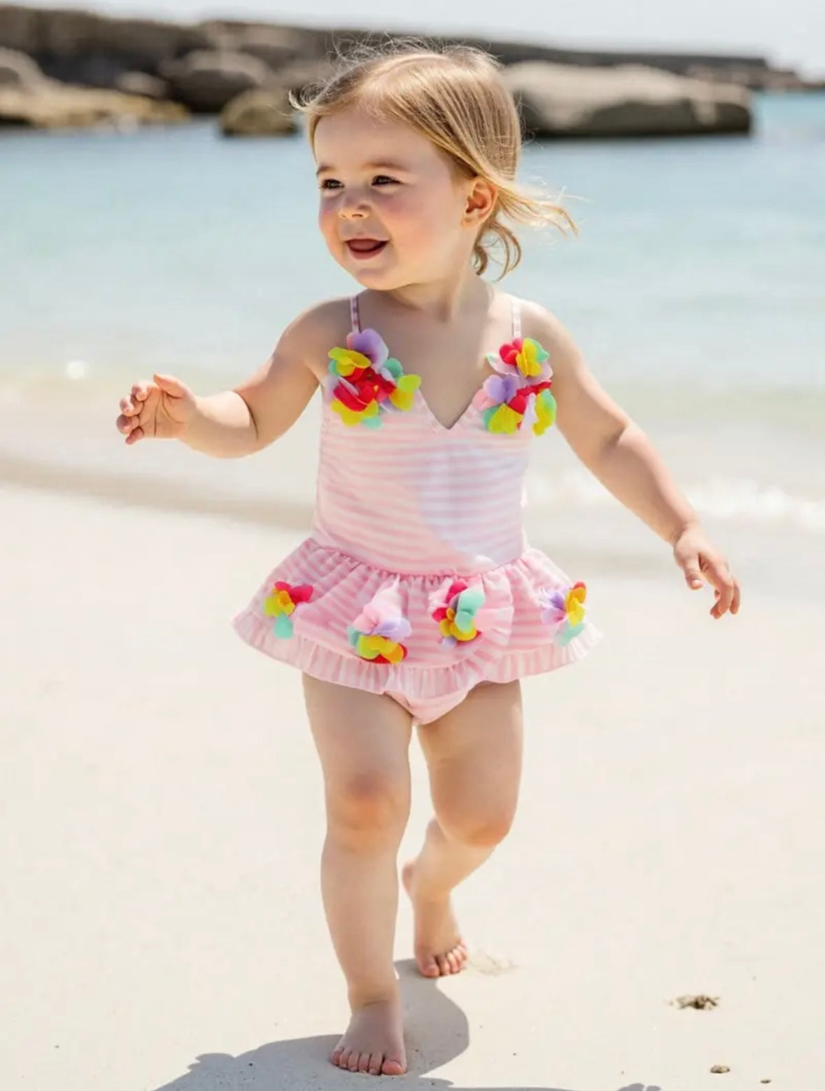 Pink Striped Floral Baby Girl Swimsuit – Ruffle Skirt One-Piece