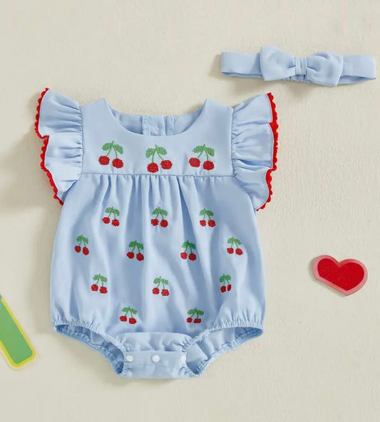 🍒 Blue Cherry Embroidered Baby Romper Set – With Headband