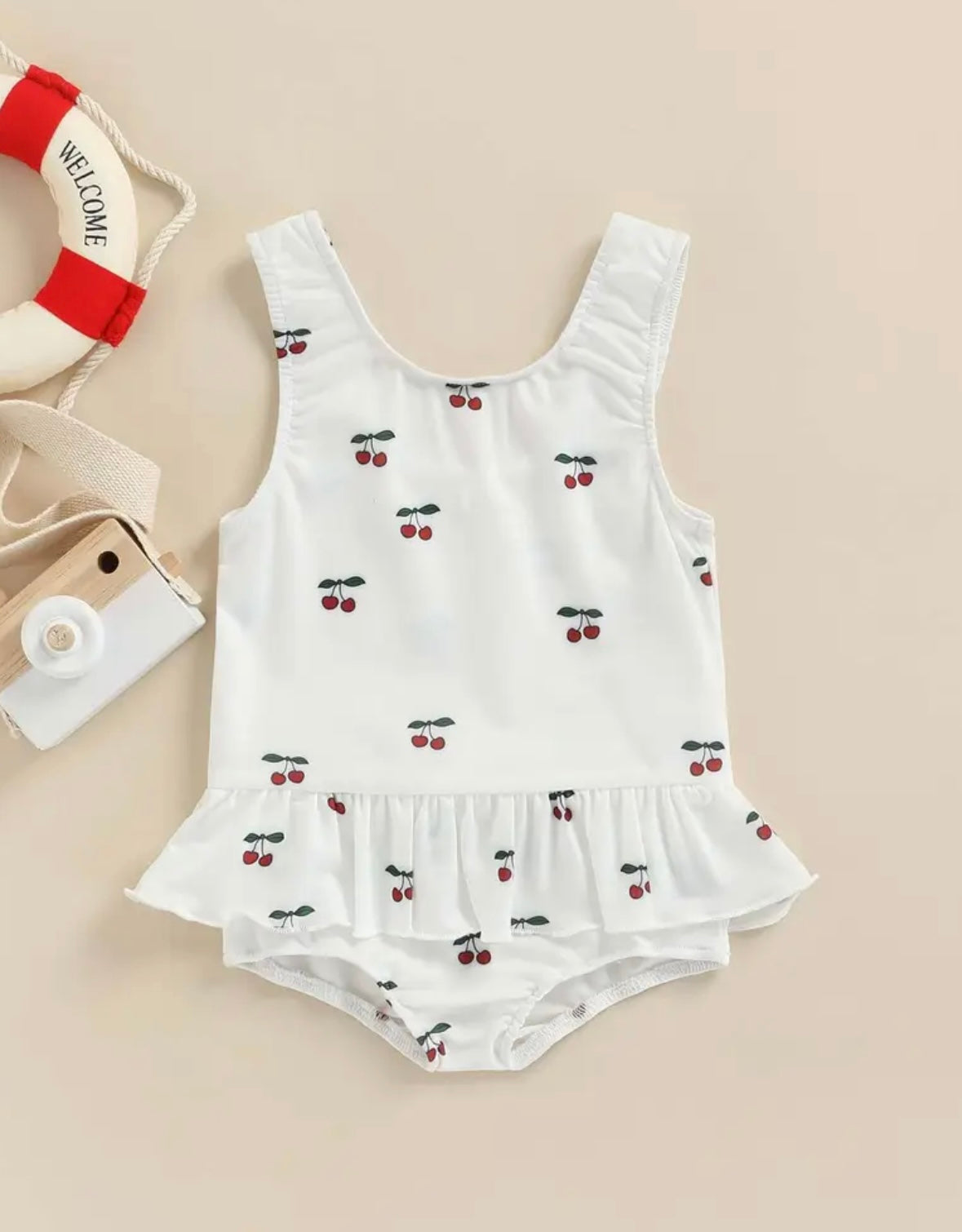Cherry Sweetheart Baby Girl Swimsuit – White One-Piece with Ruffle Peplum