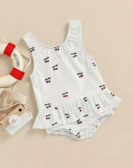 Cherry Sweetheart Baby Girl Swimsuit – White One-Piece with Ruffle Peplum