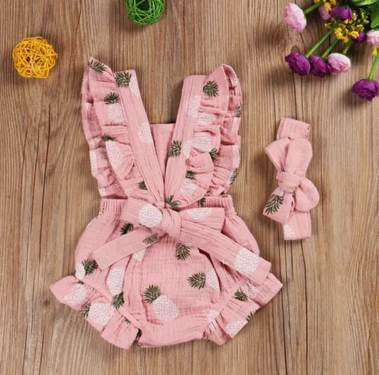 Pink Pineapple Ruffle Baby Romper with Bow Headband – Summer Sweetness