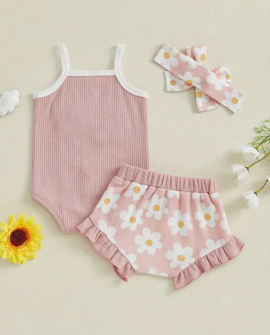 🌸 Pink Daisy Ribbed 3-Piece Baby Set – Bodysuit, Shorts & Headband