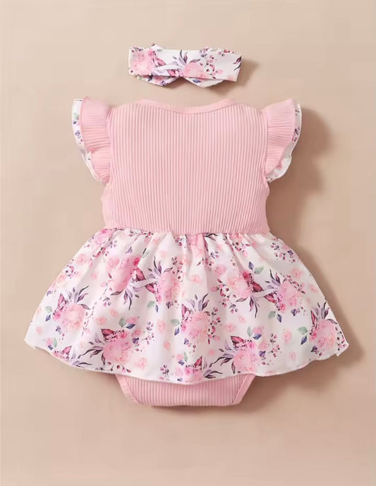 🌸 Pink Floral Ruffle Romper & Headband Set – 2 Piece