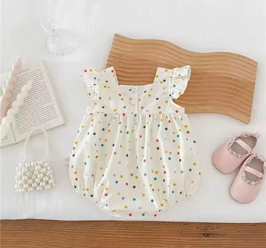 Rainbow Dot Ruffle Romper – Baby Girl One-Piece with Floral Appliqué